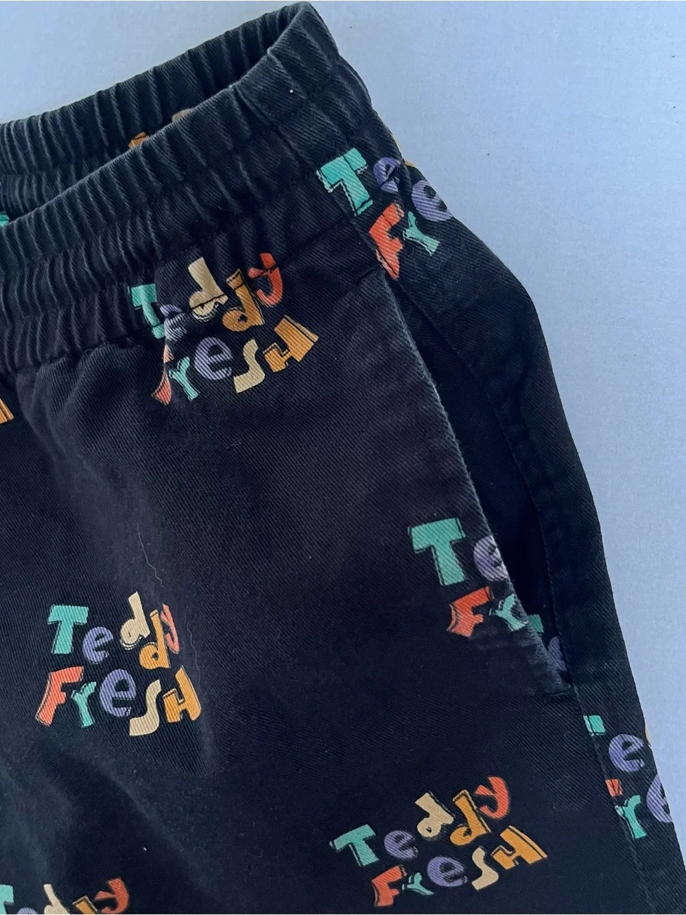 Teddy Fresh Men Retro Logo Black Camp Shorts Pockets Elastic Waist Size M Cotton